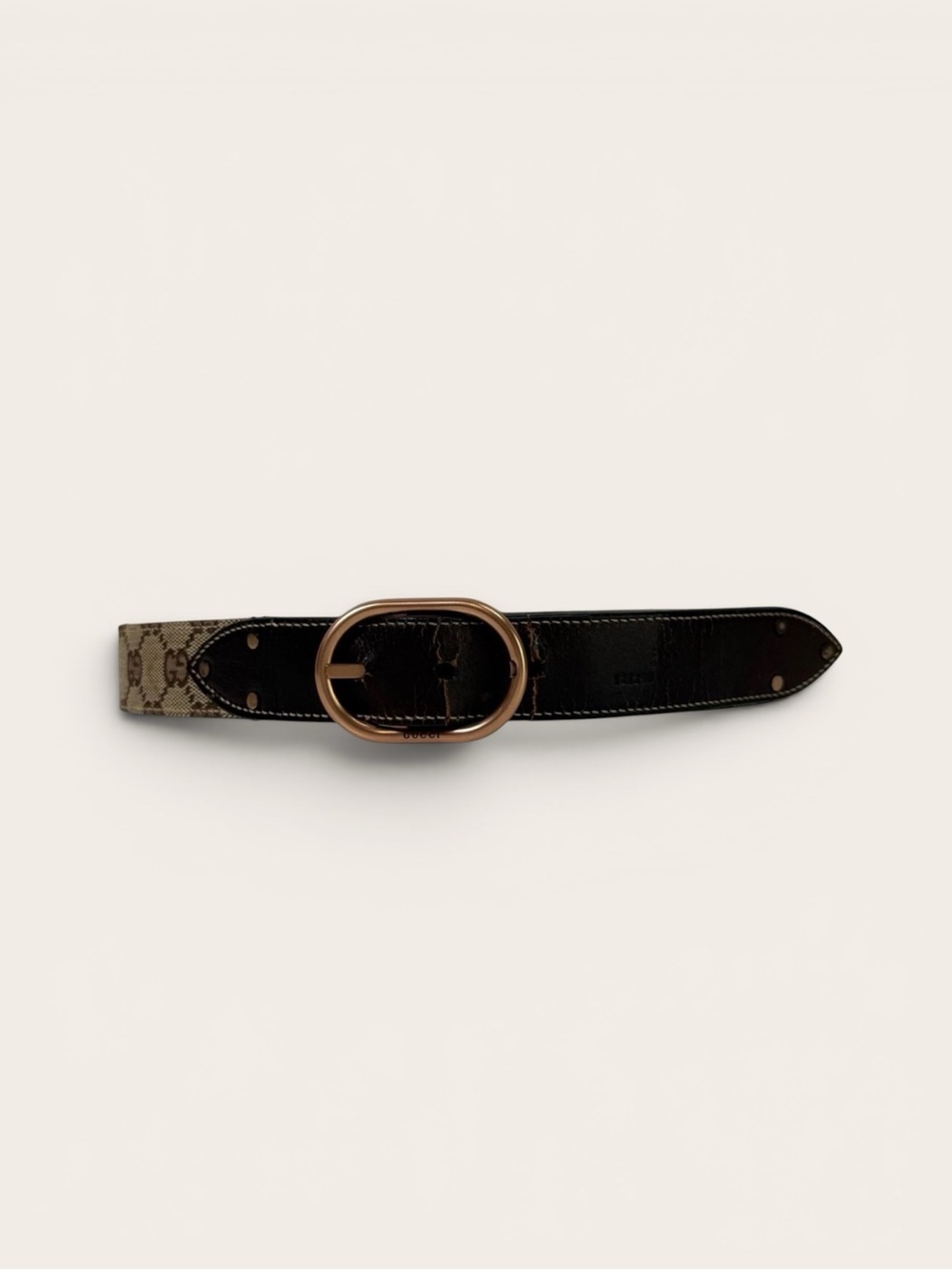 Gucci Vintage GG Monogram Canvas Belt Brown Leather Trim Gold Tone Buckle